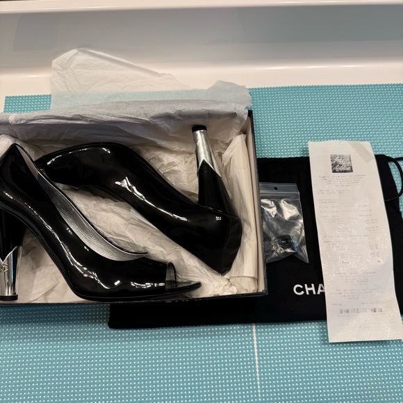 Authentic CHANEL Black patent peep toeHeels with silver like new box/ receipt - Picture 15 of 16